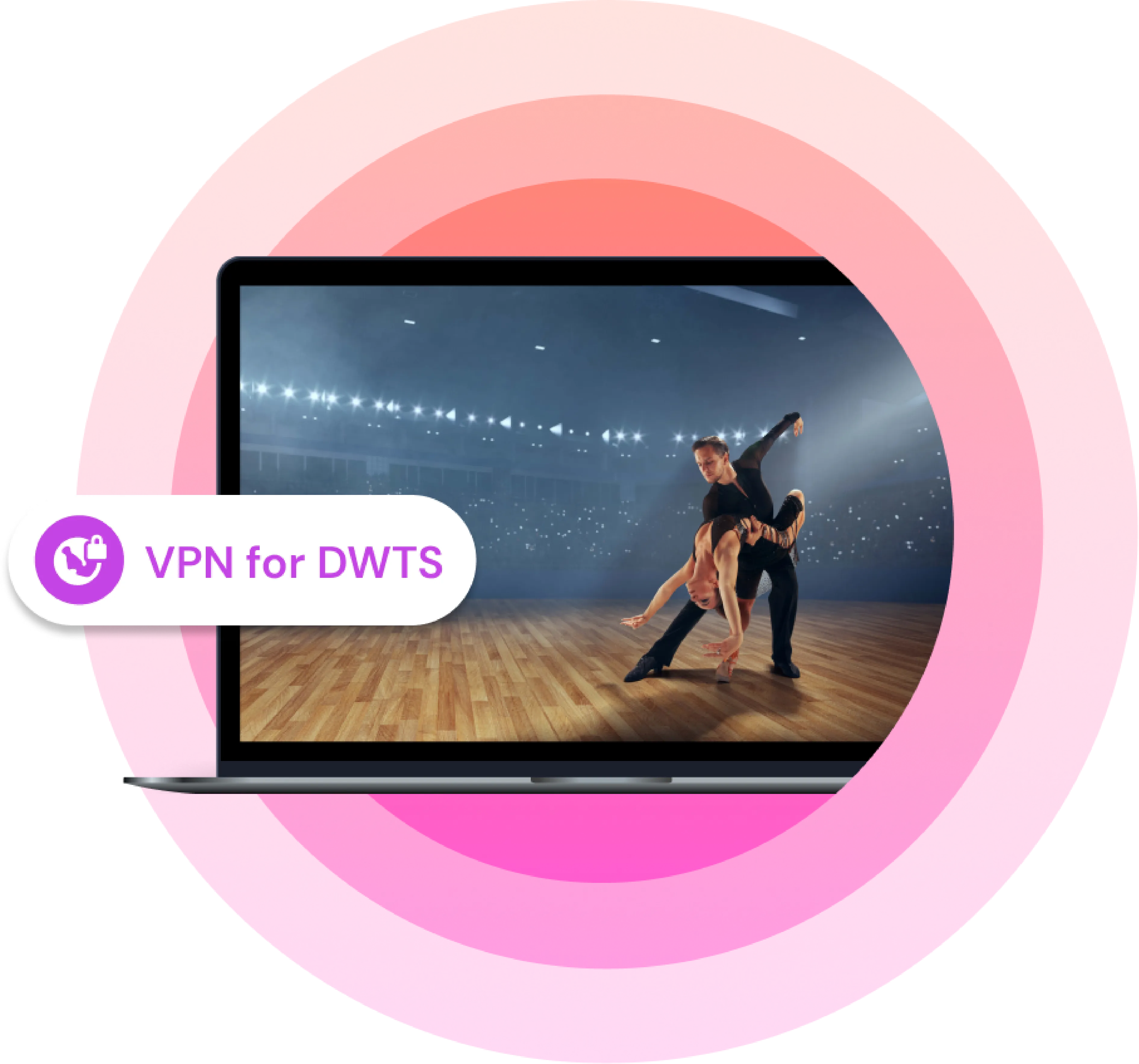 Laptop screen displaying a ballroom dance performance on stage, with a ‘VPN for DWTS’ label overlaid.